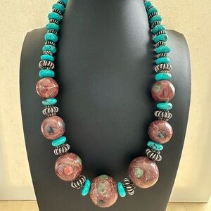 Bohemian Artisan Large Stone Cherry Creek Jasper & Turquoise Color Necklace 21”